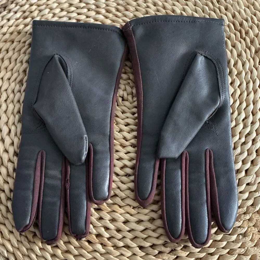 Women’s Black Faux Leather Gloves Burgundy Trim Hand Stitched Size 7